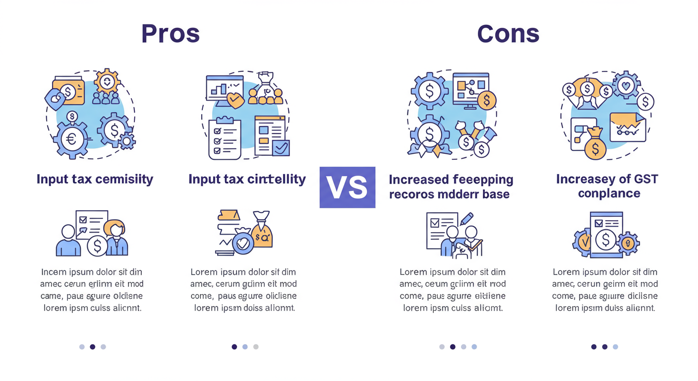 GST Number Kaise Le - A visually appealing comparison graphic with two columns, 'Pros' and 'Cons', detailing the benefits and drawbacks of voluntary GST registration for small businesses.