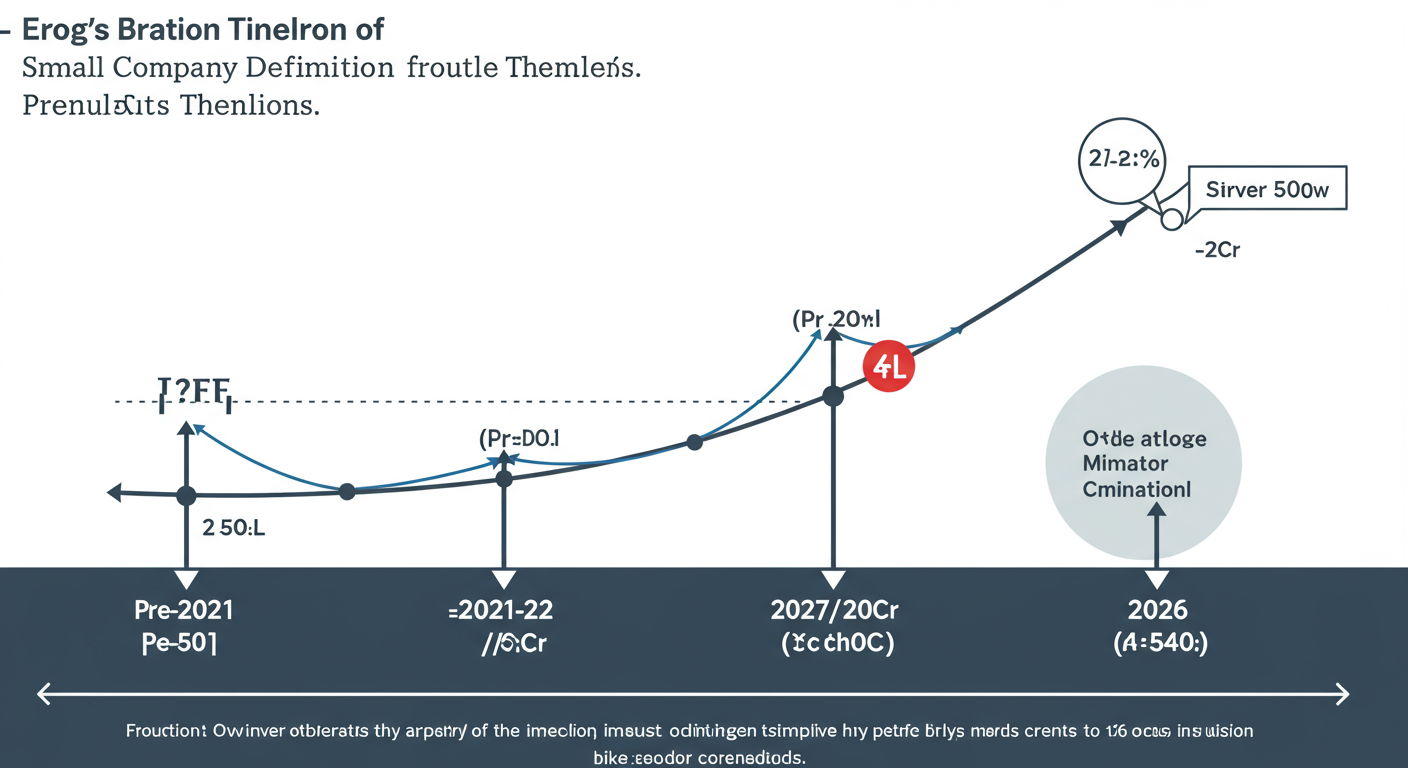 Small Company Definition India 2026: Turnover & Capital Limits 1 Small Company Definition India - Professional infographic timeline showing the evolution of the small company definition thresholds, with three key points: Pre-2021 (₹50L/₹2Cr), 2021-22 (₹2Cr/₹20Cr), and 2026 (₹4Cr/₹40Cr), highlighting the exponential growth.