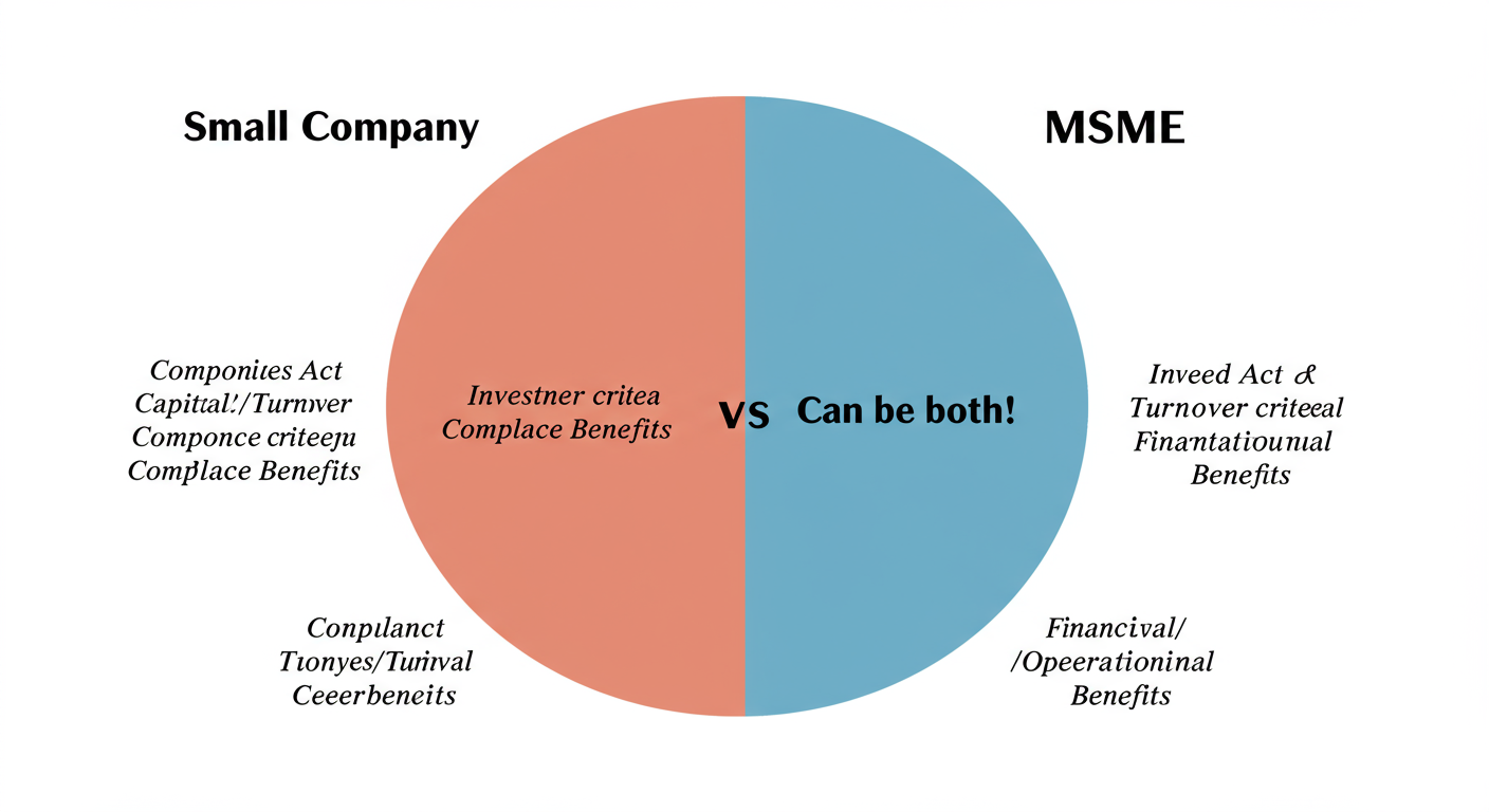 Small Company Definition India 2026: Turnover & Capital Limits 2 Small Company Definition India - A clean Venn diagram graphic comparing 'Small Company' and 'MSME'. The left circle lists Companies Act, Capital/Turnover criteria, Compliance benefits. The right circle lists MSMED Act, Investment/Turnover criteria, Financial/Operational benefits. The overlapping section says 'Can be both!'.