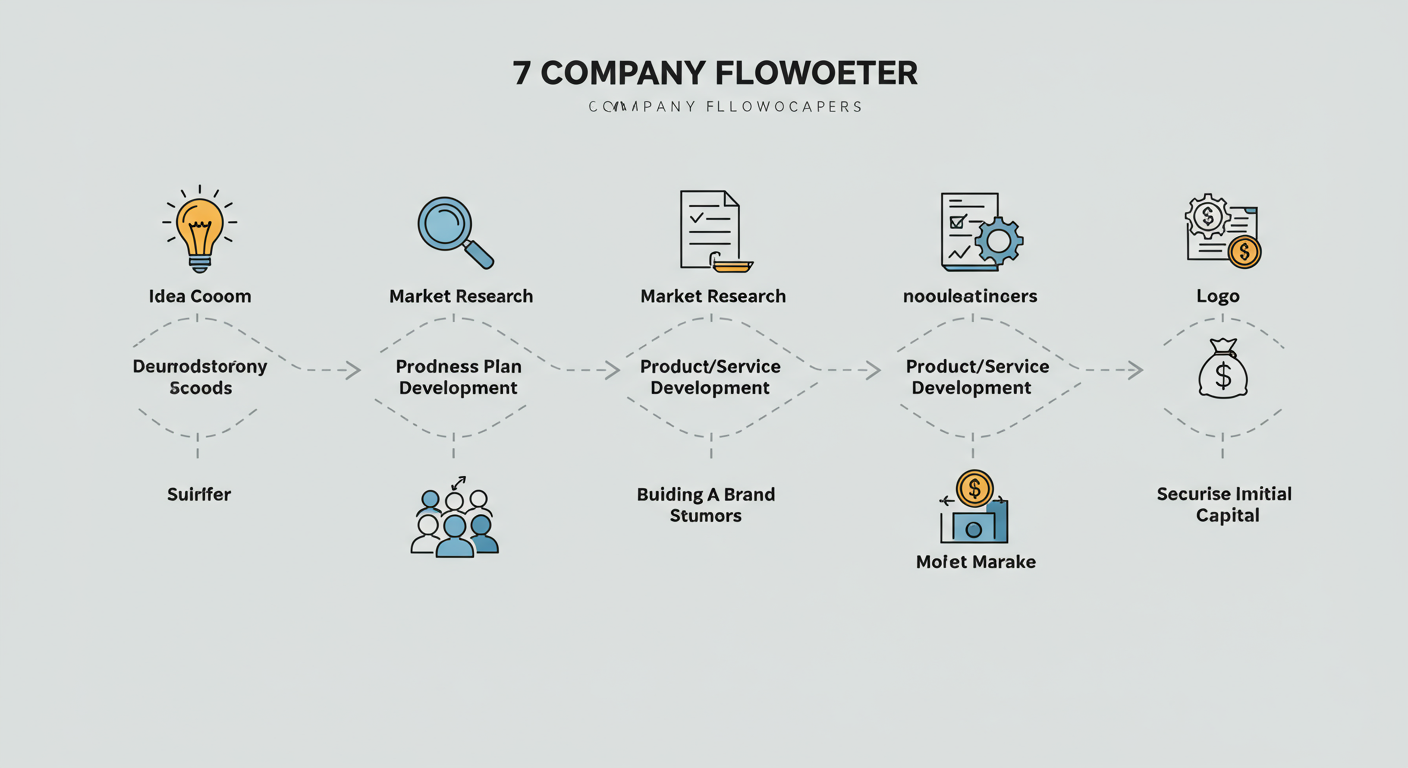 who is a promoter - Professional minimalist flowchart showing the 7-step journey of a company promoter, starting with 'Idea Conception' and ending with 'Securing Initial Capital'. Each step should have a small icon.