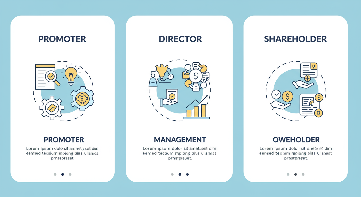 who is a promoter - A clean, educational infographic with three columns. Column 1 for 'Promoter' with icons for 'idea' and 'blueprint'. Column 2 for 'Director' with icons for 'management' and 'strategy'. Column 3 for 'Shareholder' with icons for 'ownership' and 'voting'.