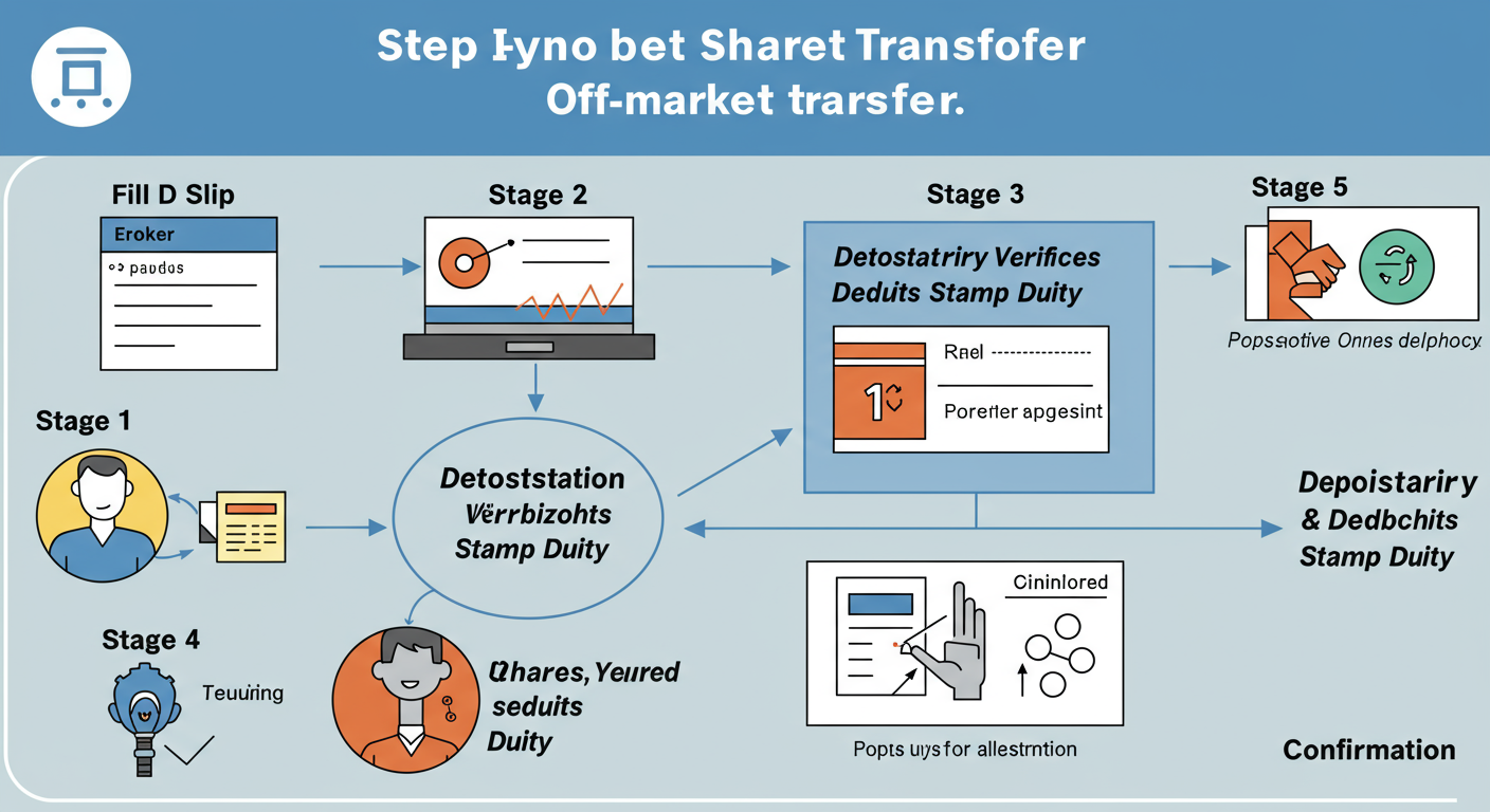 Stamp Duty on Transfer of Shares in India (2026 Guide) 2 stamp duty on transfer of shares - A step-by-step infographic showing the process of an off-market share transfer. Stage 1: Fill DIS Slip. Stage 2: Broker Submission. Stage 3: Depository Verifies & Debits Stamp Duty. Stage 4: Shares Transferred. Stage 5: Confirmation.
