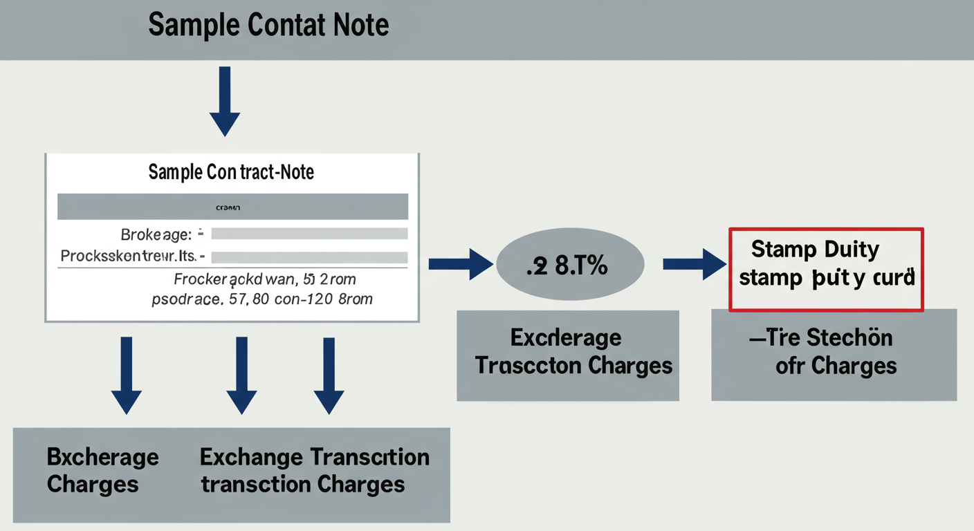 Stamp Duty on Transfer of Shares in India (2026 Guide) 3 stamp duty on transfer of shares - A high-quality graphic visually breaking down a sample contract note, with arrows pointing to and explaining each component: Brokerage, STT, Exchange Transaction Charges, and a highlighted box for Stamp Duty.