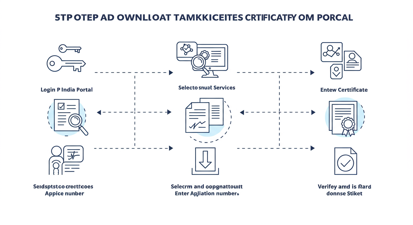 trademark certificate download - Professional minimalist flowchart showing the 5-step process for a trademark certificate download from the IP India portal, with clear icons for each step.