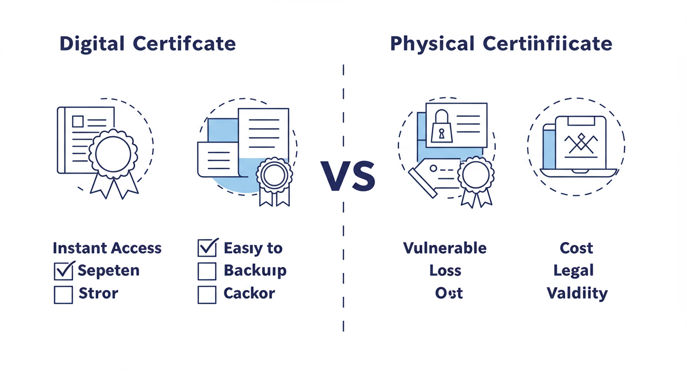 trademark certificate download - A clean, modern graphic comparing a Digital Certificate vs. a Physical Certificate, with checkmarks and X's for pros and cons like 'Instant Access', 'Easy to Backup', 'Vulnerable to Loss', 'Cost', and 'Legal Validity'.