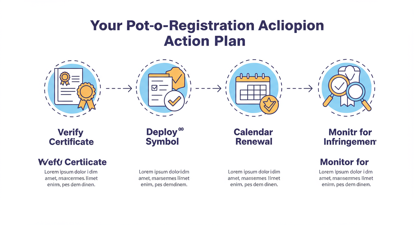 trademark certificate download - Educational infographic titled 'Your Post-Registration Action Plan' showing a timeline with four key steps: Verify Certificate, Deploy ® Symbol, Calendar Renewal, and Monitor for Infringement.