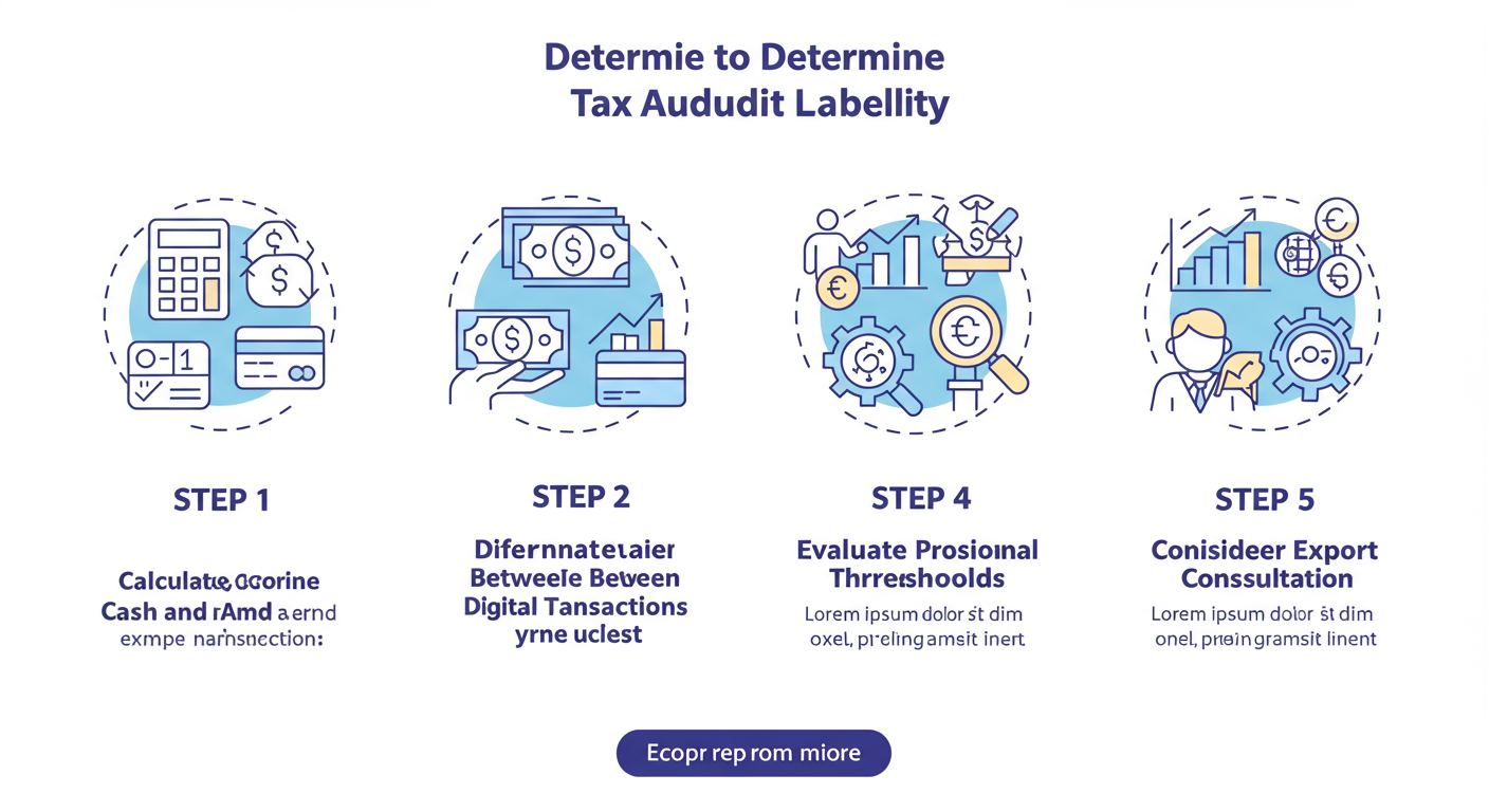 Tax Audit Limit for AY 2026-27: The Ultimate Guide (2026) 3 tax audit limit for AY 2026-27 - A clean, step-by-step diagram illustrating the 5 steps to determine tax audit liability, using icons for 'calculator', 'cash vs digital', 'business threshold', 'professional threshold', and 'expert consultation'.