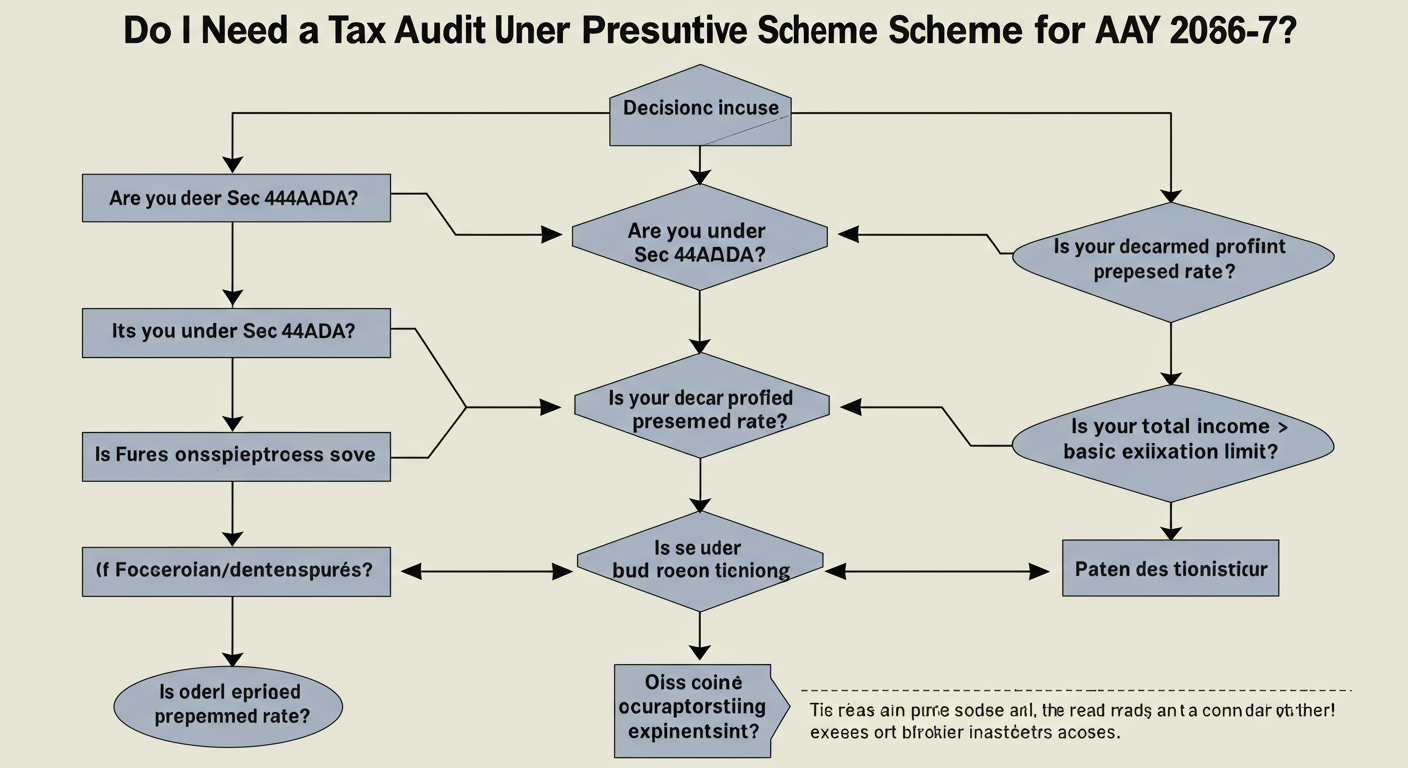 Tax Audit Limit for AY 2026-27: The Ultimate Guide (2026) 2 tax audit limit for AY 2026-27 - A clear, professional flowchart diagram titled 'Do I Need a Tax Audit Under the Presumptive Scheme for AY 2026-27?'. It should start with 'Are you under Sec 44AD/44ADA?' and have decision branches for 'Is your declared profit < presumed rate?' and 'Is your total income > basic exemption limit?'.