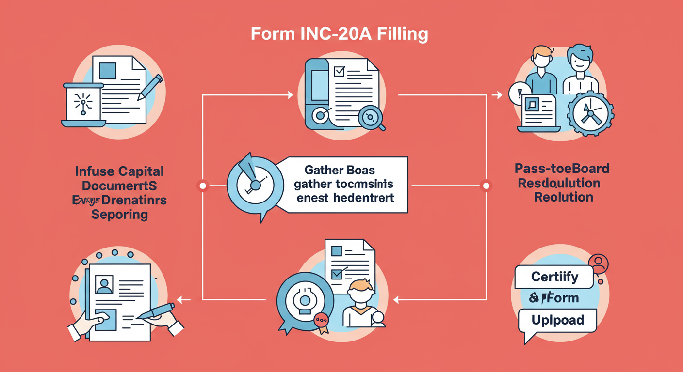 Form INC-20A Filing in 2026: The Ultimate Business Commencement Guide 2 Form INC-20A filing - Professional minimalist flowchart showing the 5-step workflow for Form INC-20A filing. Steps are: 1. Infuse Capital -> 2. Gather Documents -> 3. Pass Board Resolution -> 4. Fill e-Form -> 5. Certify & Upload.