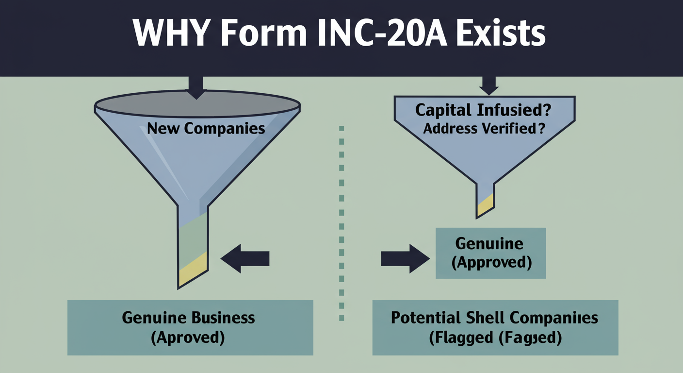 Form INC-20A Filing in 2026: The Ultimate Business Commencement Guide 1 Form INC-20A filing - Educational infographic titled "Why Form INC-20A Exists". It shows a funnel with 'New Companies' at the top. The funnel has two filters: 'Capital Infused?' and 'Address Verified?'. At the bottom, two arrows point out: one to 'Genuine Businesses (Approved)' and another to 'Potential Shell Companies (Flagged)'.