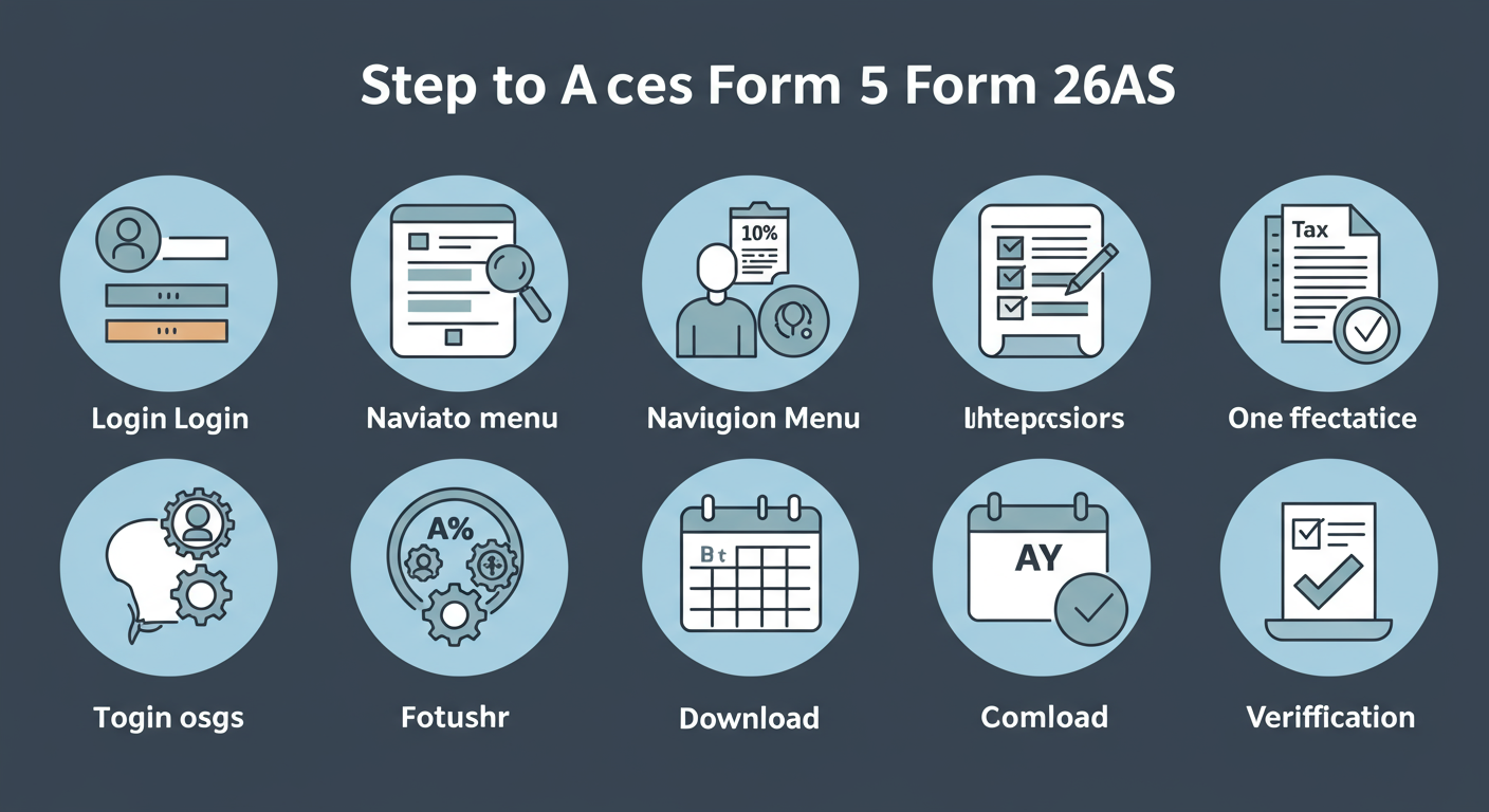TDS rates for FY 2020-21 - Step-by-step diagram illustrating the 5 steps to access Form 26AS. Use icons for each step: a login icon, a navigation menu icon, a calendar icon for the AY, a download icon, and a checkmark icon for verification.