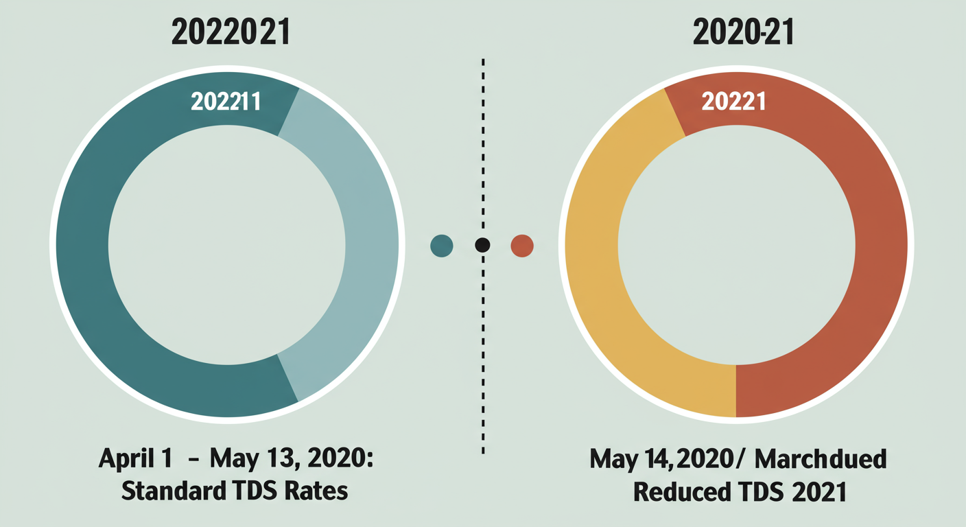 TDS rates for FY 2020-21 - Timeline infographic showing the financial year 2020-21 split into two periods. Left side: "April 1 - May 13, 2020: Standard TDS Rates". Right side: "May 14, 2020 - March 31, 2021: 25% Reduced TDS Rates". Use a clear visual divider.