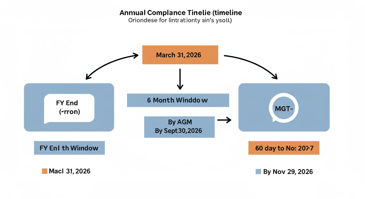 MGT-7 due date - Professional minimalist flowchart showing the annual compliance timeline: FY End (March 31, 2026) -> 6-month window to hold AGM (by Sept 30, 2026) -> 60-day window to file MGT-7 (by Nov 29, 2026).