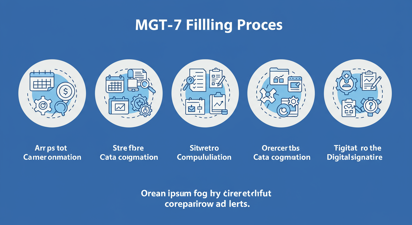MGT-7 due date - A clean, step-by-step infographic diagram illustrating the 7 steps of the MGT-7 filing process, with icons for each step (e.g., a calendar for AGM, a folder for data compilation, a digital signature icon).