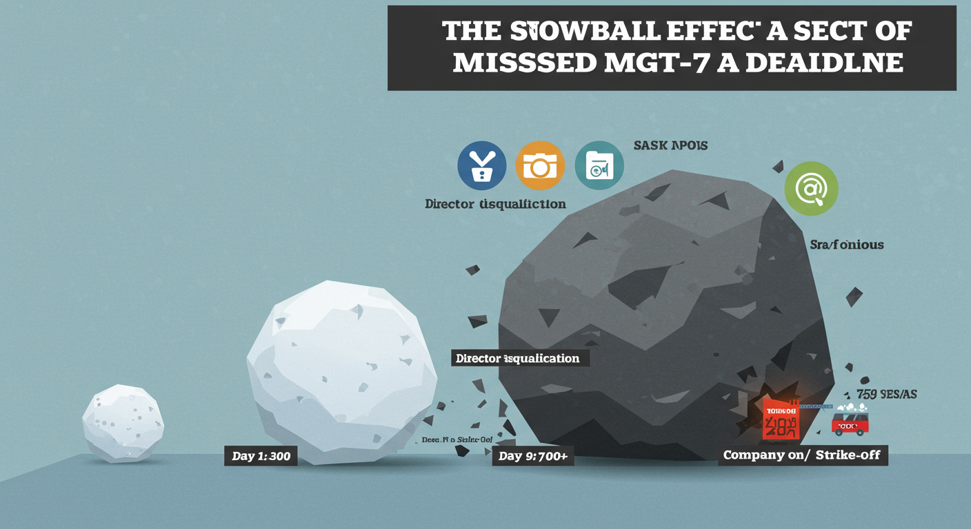 MGT-7 due date - A dramatic infographic titled 'The Snowball Effect of a Missed MGT-7 Deadline'. It shows a small snowball labeled 'Day 1: ₹300' rolling down a hill, growing into a giant boulder labeled 'Day 90: ₹27,000+' and crashing into icons representing 'Director Disqualification' and 'Company Strike-Off'.