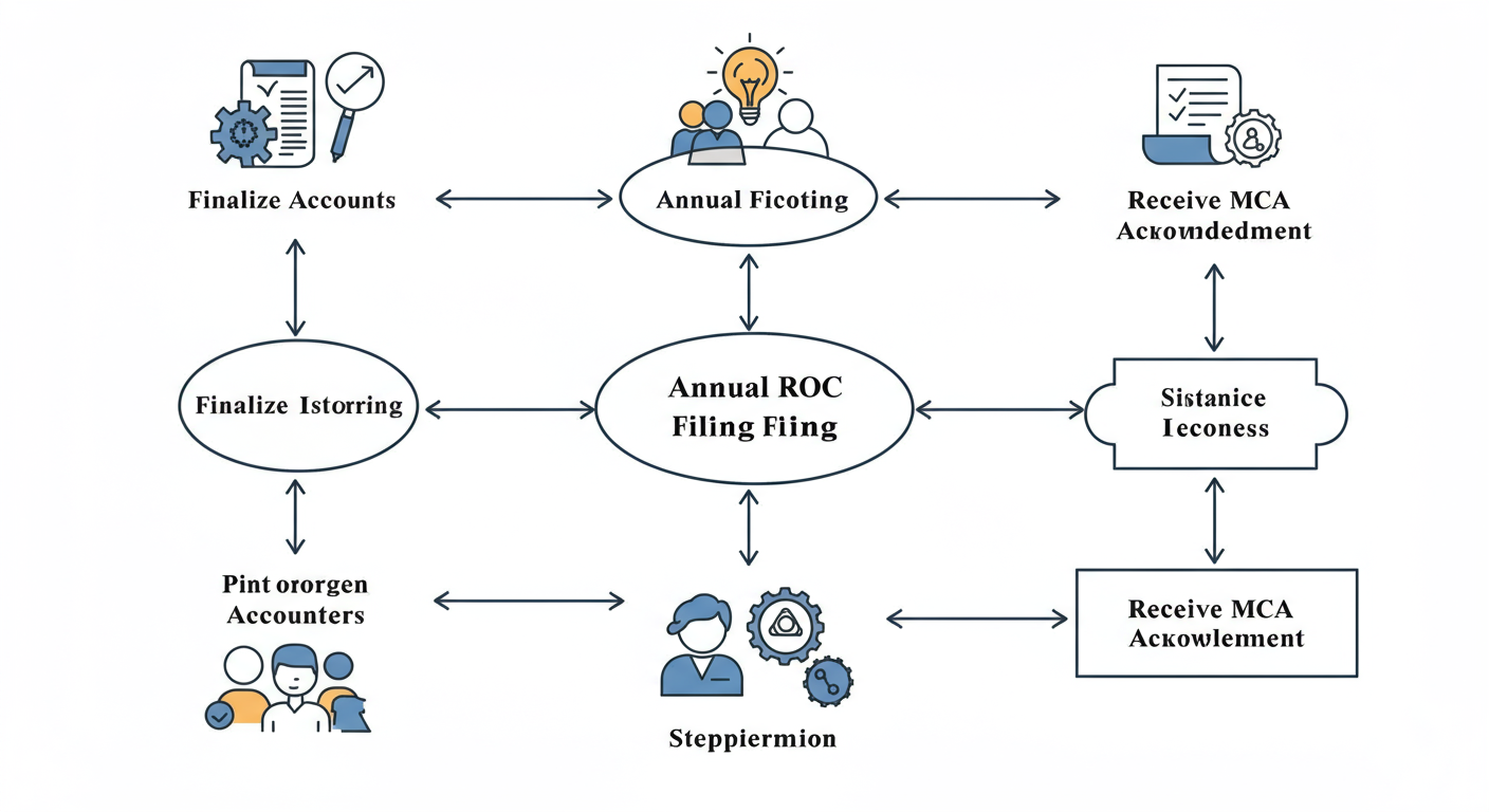 ROC Filing Guide 2026: Master Your Company's Compliance 3 ROC filing - A professional minimalist flowchart showing the 7 steps of the annual ROC filing process. Start with "Finalize Accounts" and end with "Receive MCA Acknowledgment", with clear arrows connecting each stage.