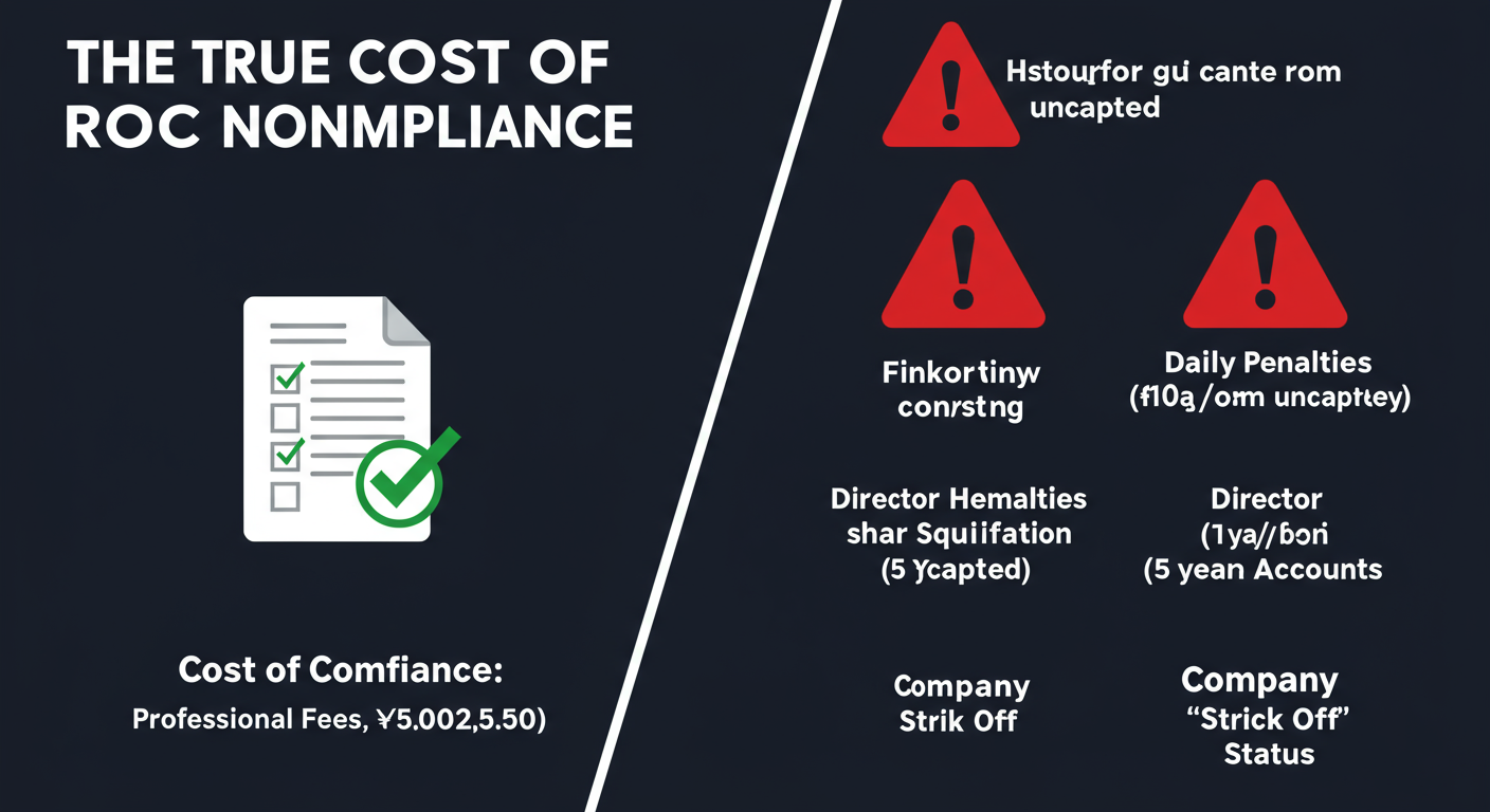 ROC Filing Guide 2026: Master Your Company's Compliance 1 ROC filing - A dramatic infographic titled "The True Cost of ROC Non-Compliance" showing a split screen. On one side, a small icon of a document with a green checkmark and the text "Cost of Compliance: Professional Fees (e.g., ₹15,000-₹25,000)". On the other side, large, red warning icons for "Daily Penalties (₹100/day/form, uncapped)", "Director Disqualification (5-year ban)", "Frozen Bank Accounts", and "Company 'Struck Off' Status".