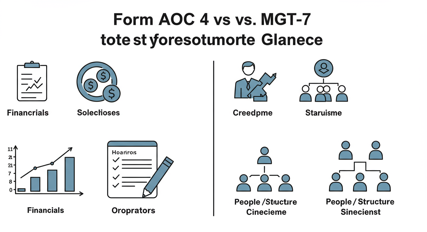 ROC Filing Guide 2026: Master Your Company's Compliance 2 ROC filing - A clean, professional comparison graphic titled "Form AOC-4 vs. MGT-7 at a Glance". Use icons for 'financials' (like a bar chart) and 'people/structure' (like an org chart) to visually distinguish the two forms.