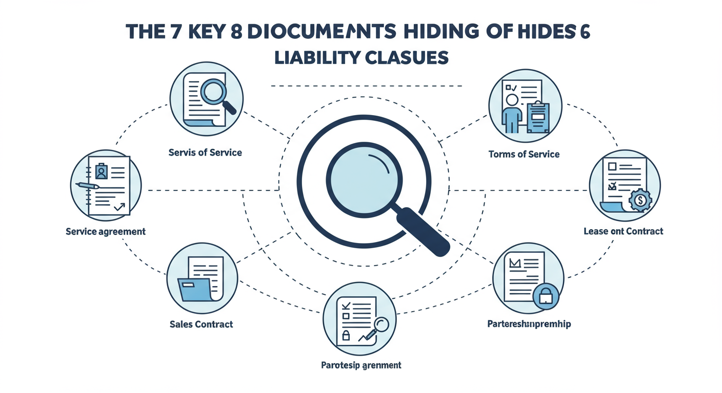 Limitation of Liability Clause - Professional infographic titled 'The 7 Key Documents Hiding Liability Clauses'. It features a central magnifying glass icon surrounded by seven smaller icons representing: a service agreement, terms of service, a sales contract, an employment contract, a lease, an NDA, and a partnership agreement.