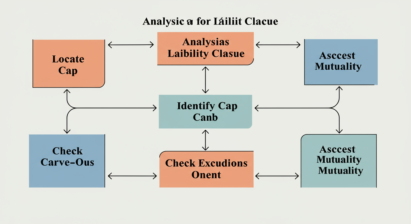 Limitation of Liability Clause - A clean, minimalist flowchart diagram illustrating the 5-step process for analyzing a liability clause. Each step (Locate, Identify Cap, Check Exclusions, Find Carve-Outs, Assess Mutuality) is in its own box connected by arrows.