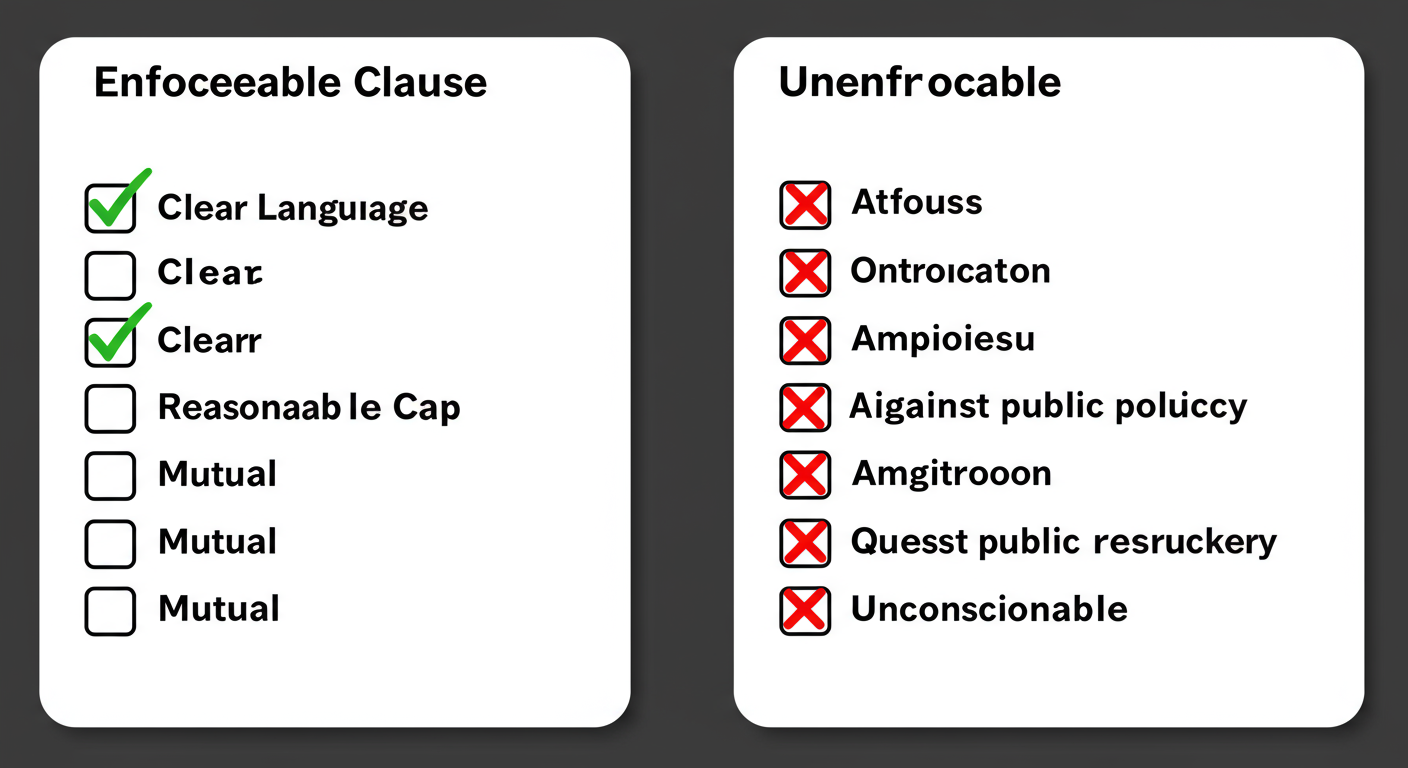 Limitation of Liability Clause - A two-column comparison graphic. Left column titled 'Enforceable Clause' with green checkmarks for 'Clear Language,' 'Reasonable Cap,' 'Mutual.' Right column titled 'Unenforceable Clause' with red X's for 'Ambiguous,' 'Against Public Policy,' 'Unconscionable.'
