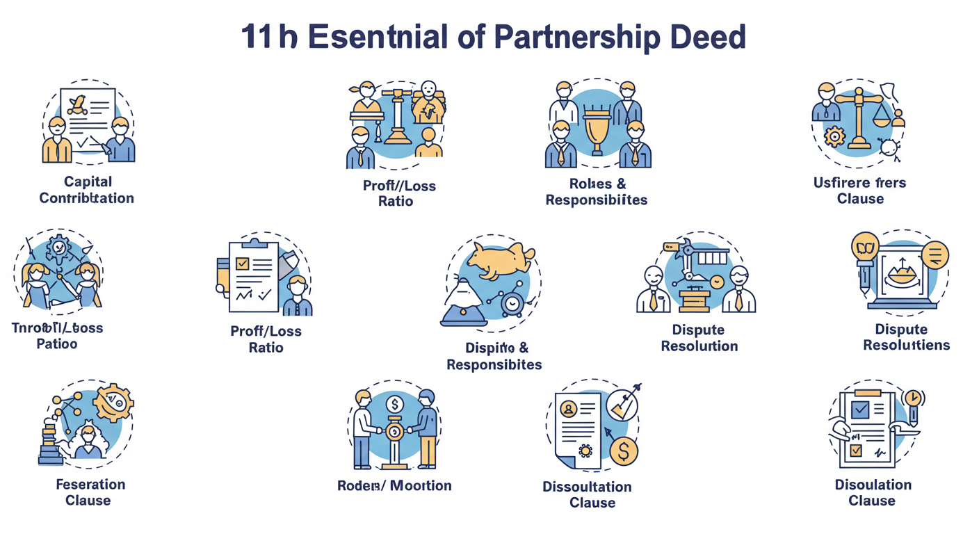 Partnership Firm Registration - Educational infographic showcasing the 10 essential clauses of an ironclad Partnership Deed, with icons for each clause like 'Capital Contribution', 'Profit/Loss Ratio', 'Roles & Responsibilities', 'Dissolution Clause', etc.