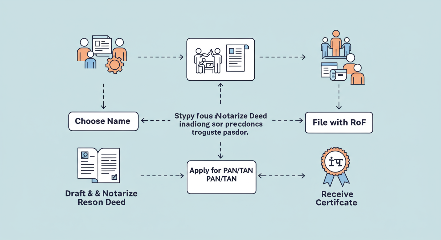 Partnership Firm Registration - Professional minimalist flowchart showing the 4-step partnership firm registration process, with arrows connecting 'Choose Name' -> 'Draft & Notarize Deed' -> 'Apply for PAN/TAN' -> 'File with RoF' -> 'Receive Certificate'.