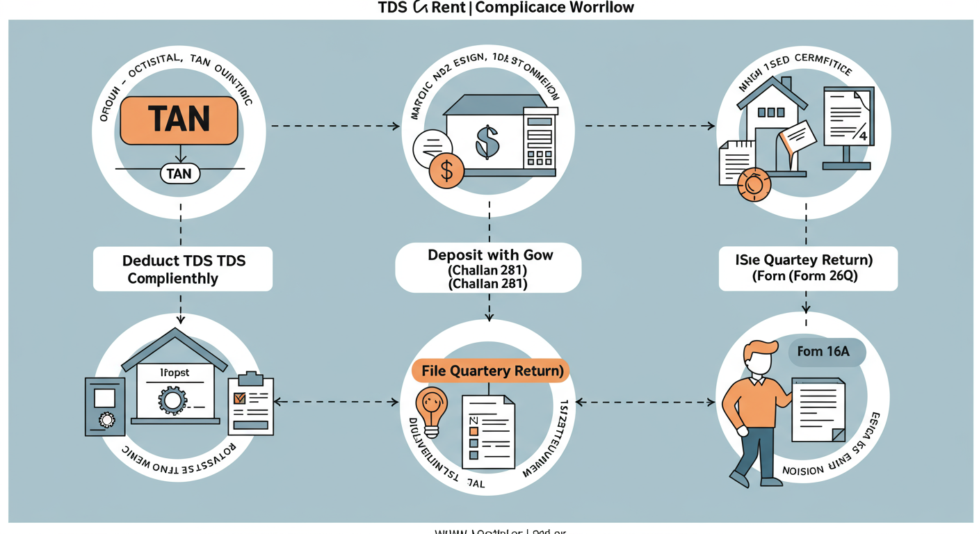TDS on rent payment Section 194I - Professional minimalist flowchart showing the 5-step TDS on rent compliance workflow: 1. Obtain TAN -> 2. Deduct TDS Monthly -> 3. Deposit with Govt (Challan 281) -> 4. File Quarterly Return (Form 26Q) -> 5. Issue Certificate (Form 16A).