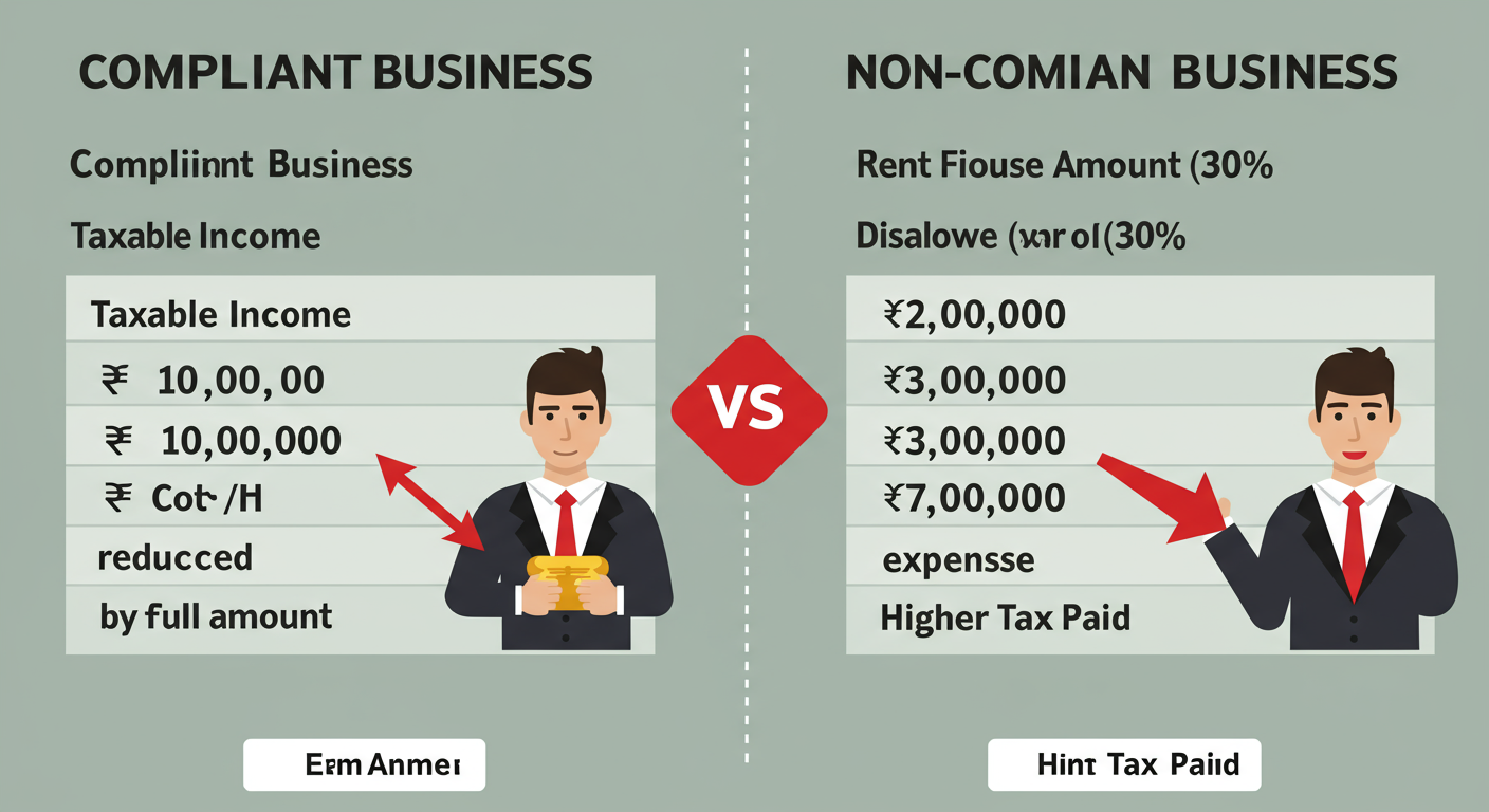 TDS on rent payment Section 194I - Data visualization graphic comparing two scenarios. 'Compliant Business': Rent Expense ₹10,00,000, Taxable Income reduced by full amount. 'Non-Compliant Business': Rent Expense ₹10,00,000, Disallowed Amount (30%) ₹3,00,000, only ₹7,00,000 allowed as expense, leading to higher taxable income and a large red arrow pointing to "Higher Tax Paid".