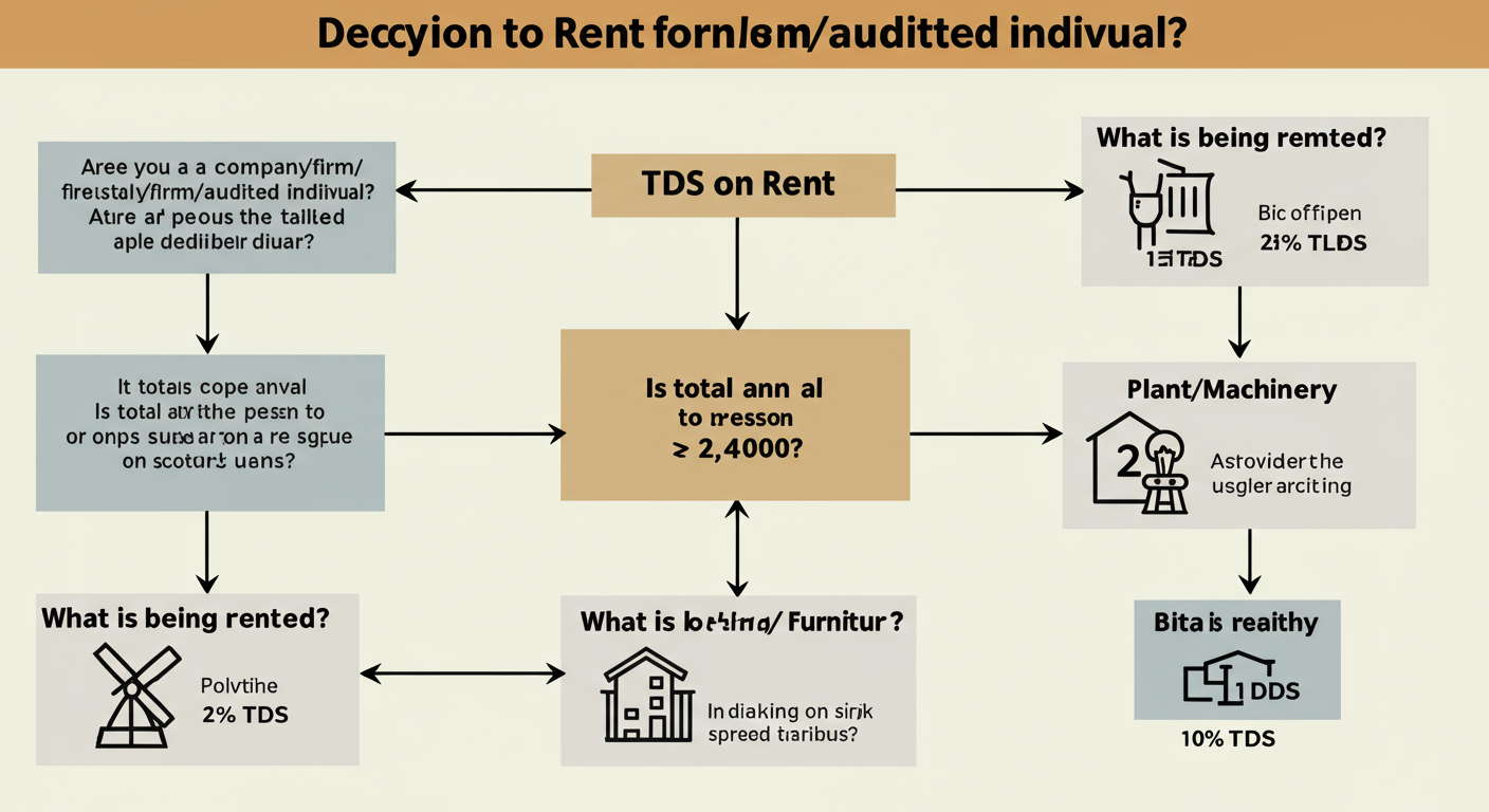 TDS on rent payment Section 194I - Detailed infographic showing a decision tree for TDS on rent. Start with "Are you a company/firm/audited individual?". If yes, "Is total annual rent to one person > ₹2,40,000?". If yes, "What is being rented?". Branch to "Plant/Machinery" with a "2% TDS" icon and "Land/Building/Furniture" with a "10% TDS" icon.