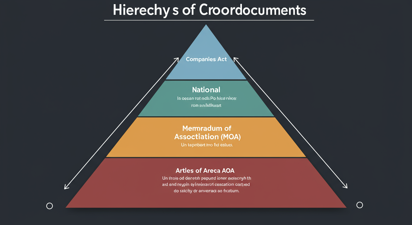 MOA vs AOA - Infographic showing the hierarchy of corporate documents: A pyramid with the national 'Companies Act' at the top, 'Memorandum of Association (MOA)' in the middle, and 'Articles of Association (AOA)' at the base, with brief descriptions for each layer.