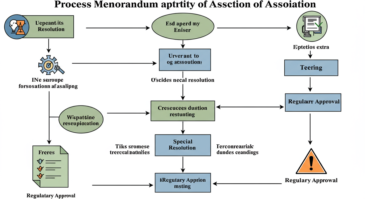 MOA vs AOA - Process flowchart illustrating the steps to alter a Memorandum of Association, highlighting the need for a Special Resolution and the potential extra step of 'Regulatory Approval' with a large warning icon.