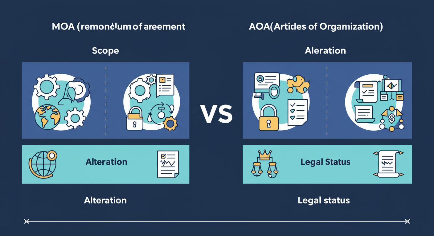 MOA vs AOA - Detailed comparison table graphic of MOA vs AOA, using icons for scope (globe vs gear), alteration (lock vs key), and legal status (crown vs scroll).