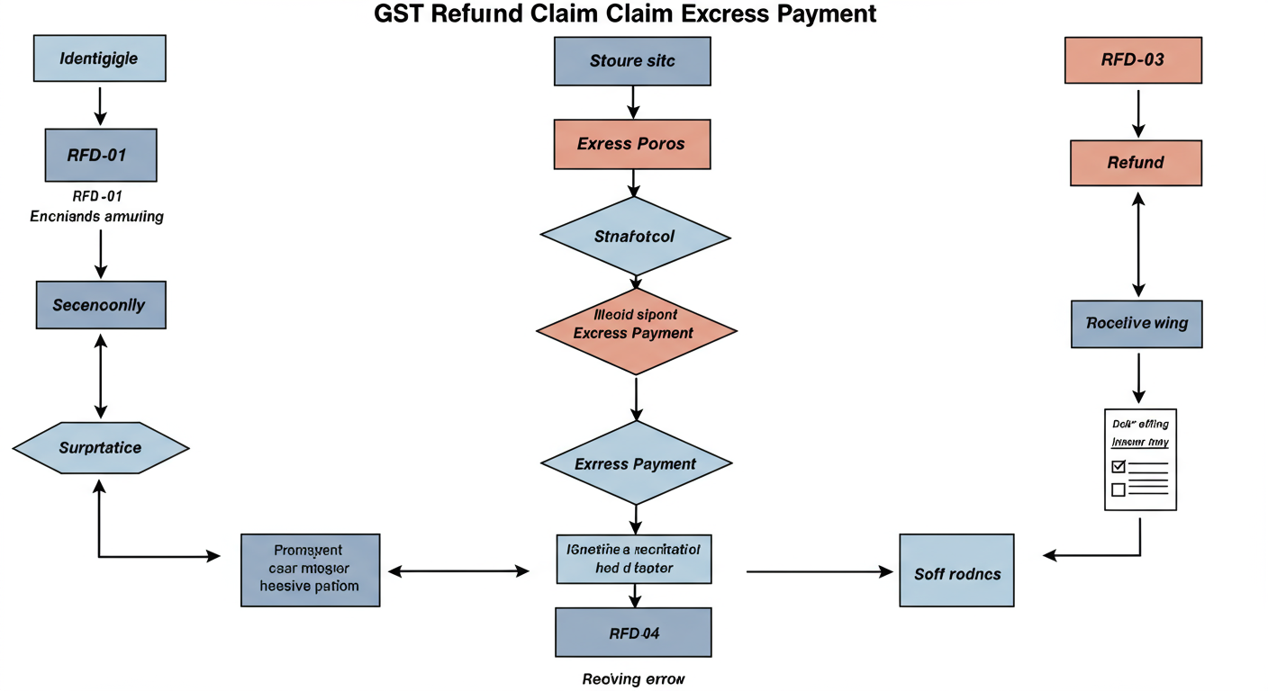 GST refund claim process for excess payment - Professional flowchart illustrating the complete GST refund claim process for excess payment, from identifying the error to receiving the refund, including key forms like RFD-01, RFD-02, RFD-03, and RFD-06.