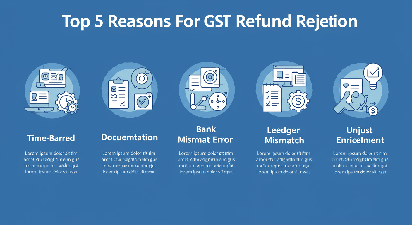 GST refund claim process for excess payment - Educational infographic titled 'Top 5 Reasons for GST Refund Rejection' with icons for Time-Barred, Documentation Error, Bank Mismatch, Ledger Mismatch, and Unjust Enrichment, each with a short preventative tip.