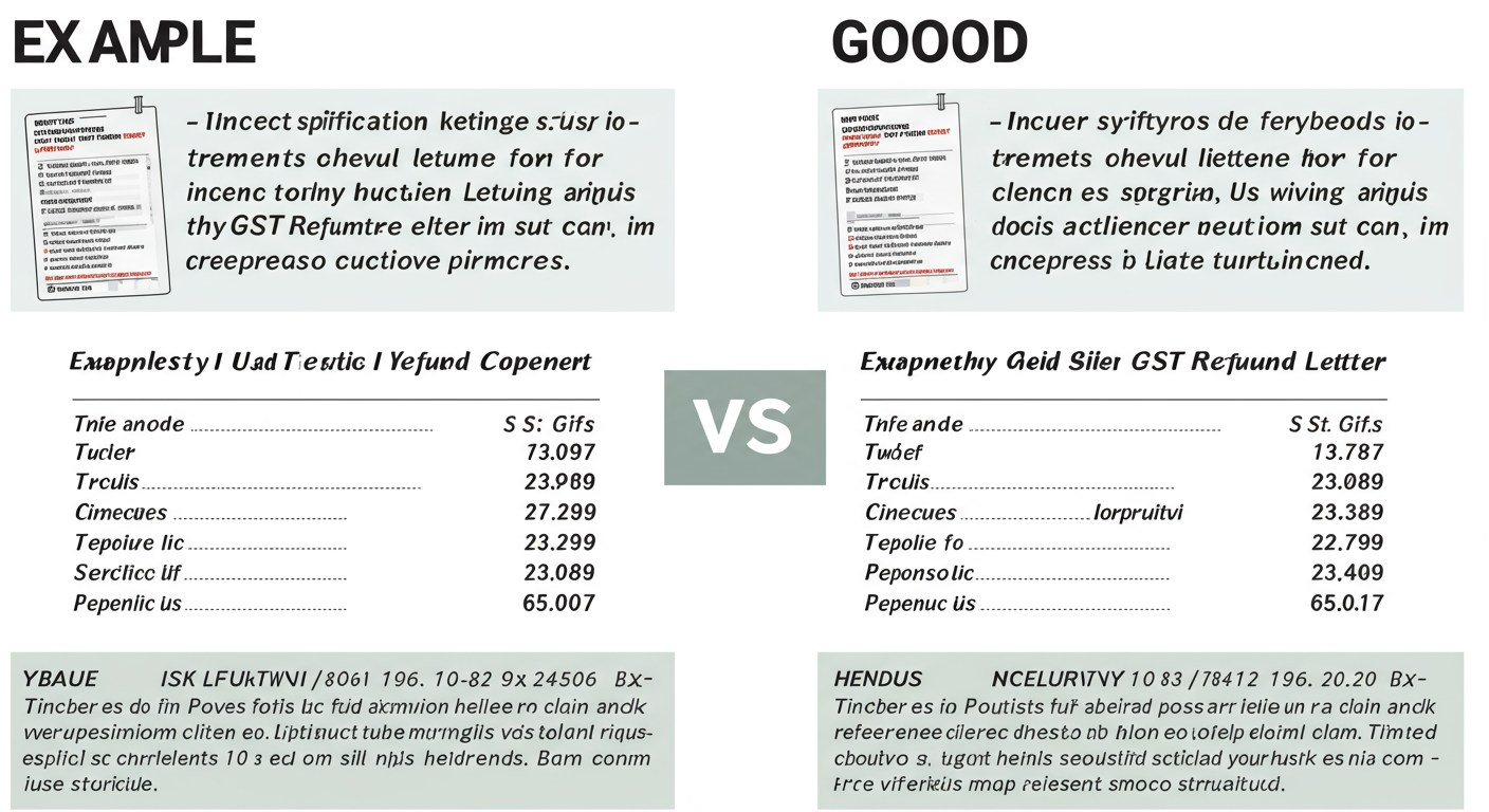 GST refund claim process for excess payment - A side-by-side comparison graphic showing a 'Bad' vs. 'Good' example of a justification letter for a GST refund claim. The 'Bad' example is vague, while the 'Good' example is specific, references challan numbers, and is clearly structured.