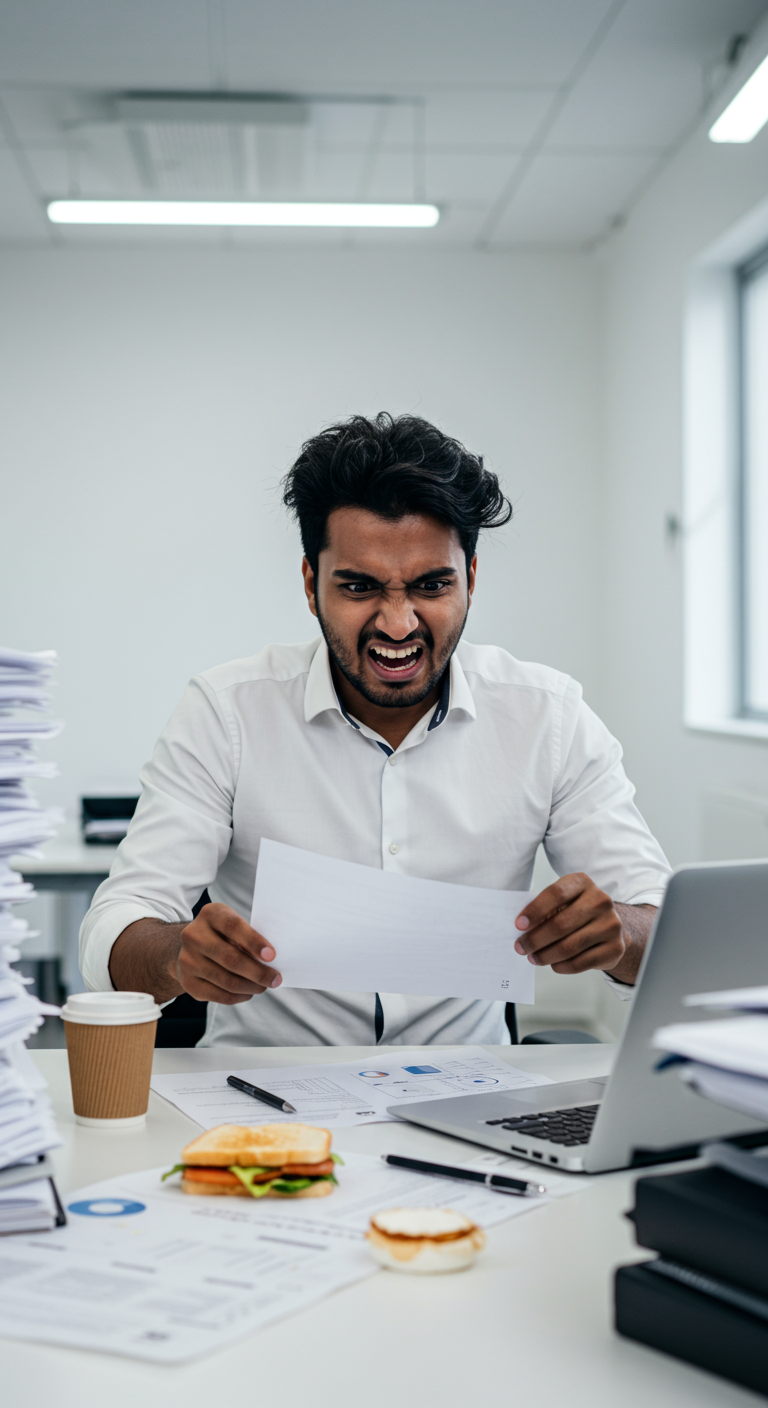 A founder in a state of panic, looking for a crucial business document before a meeting.