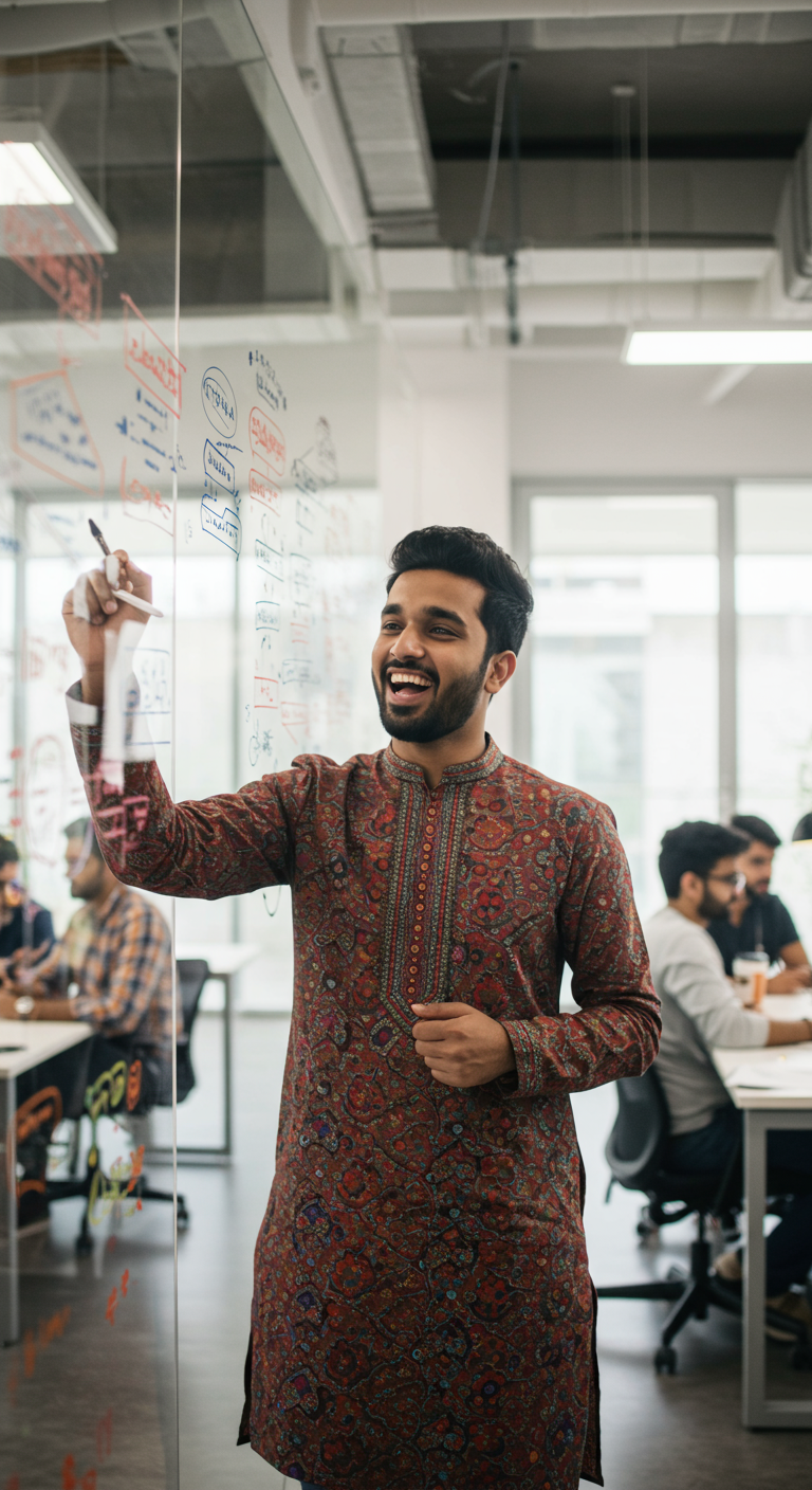 Entrepreneur planning a business on a whiteboard.