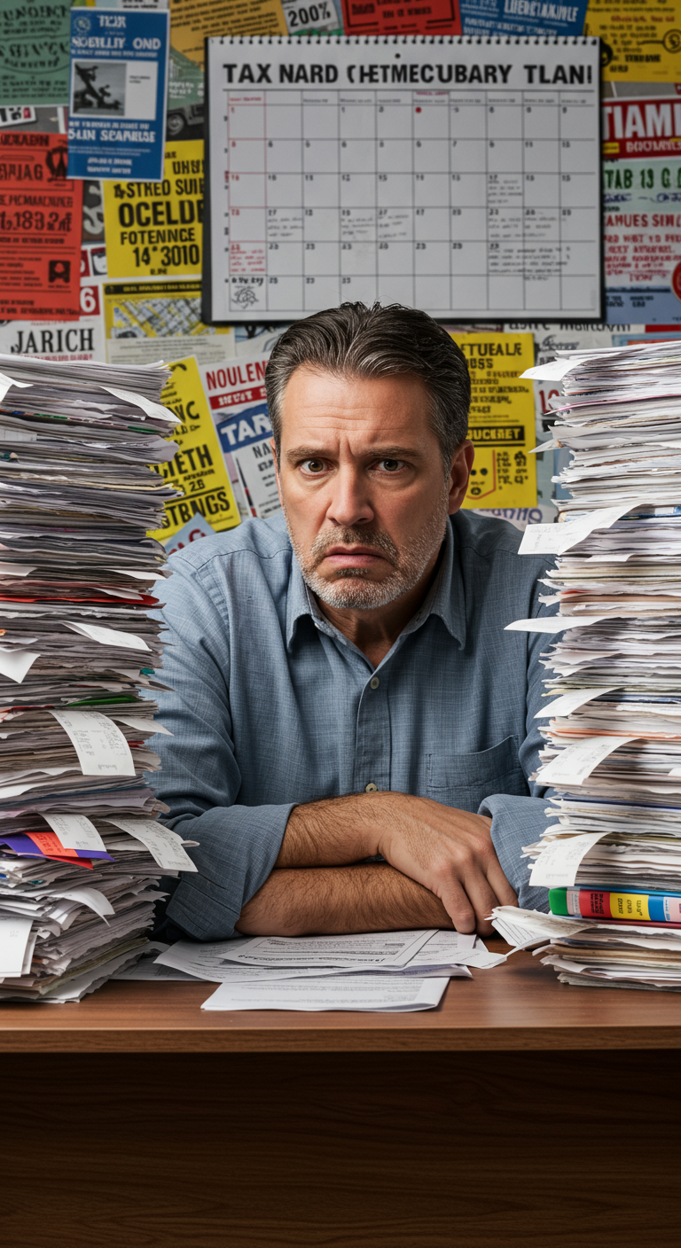 A person looking stressed while surrounded by stacks of tax paperwork.