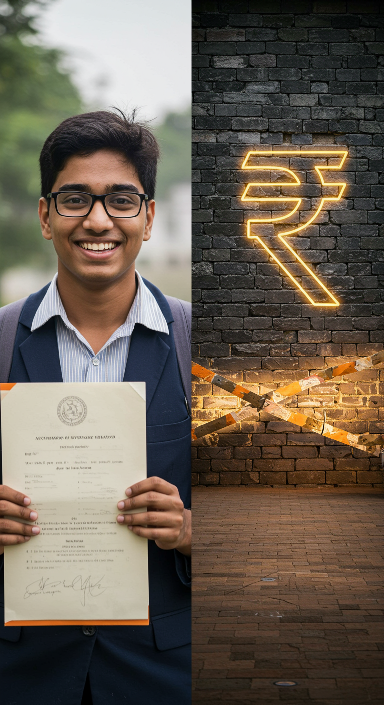 A student with an acceptance letter faces a symbolic financial wall.
