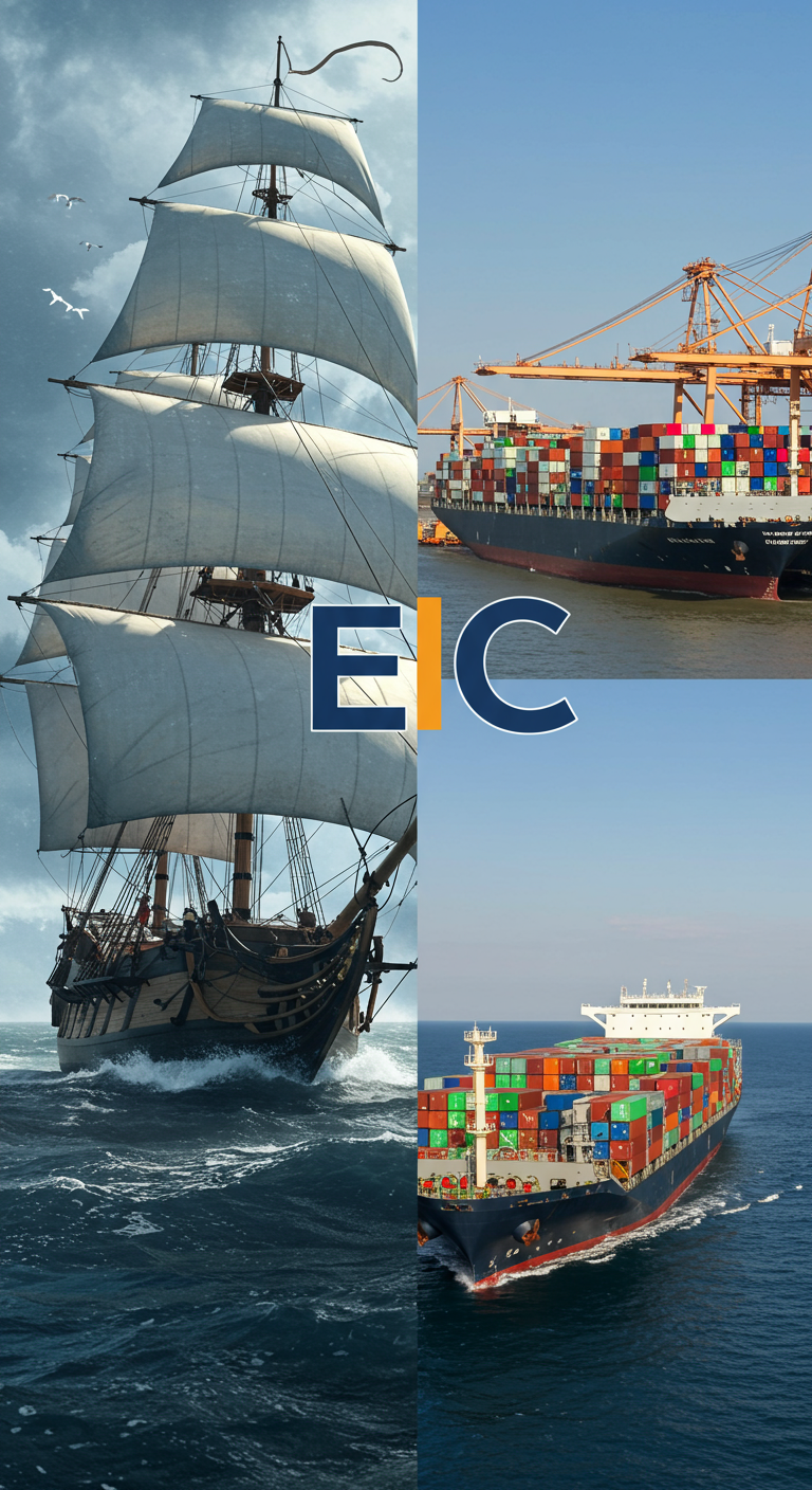 Split image showing a historic sailing ship and a modern cargo ship, representing the two meanings of EIC.