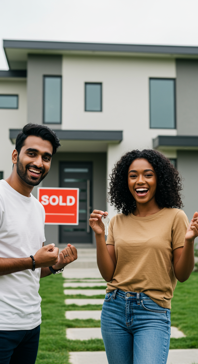 A couple celebrating the purchase of their new home in 2026.