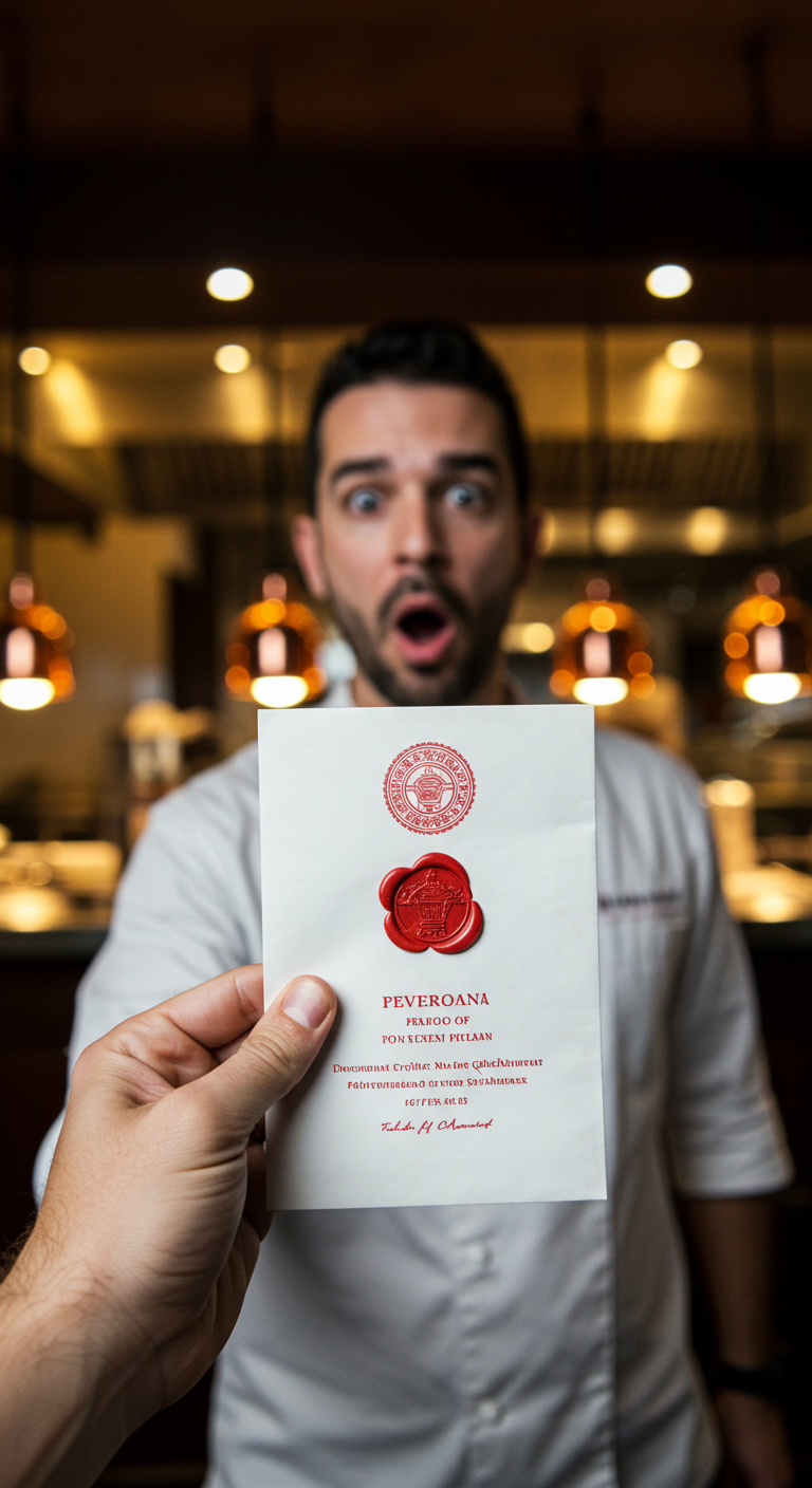 A chef looking shocked while holding an official government notice in a busy kitchen.