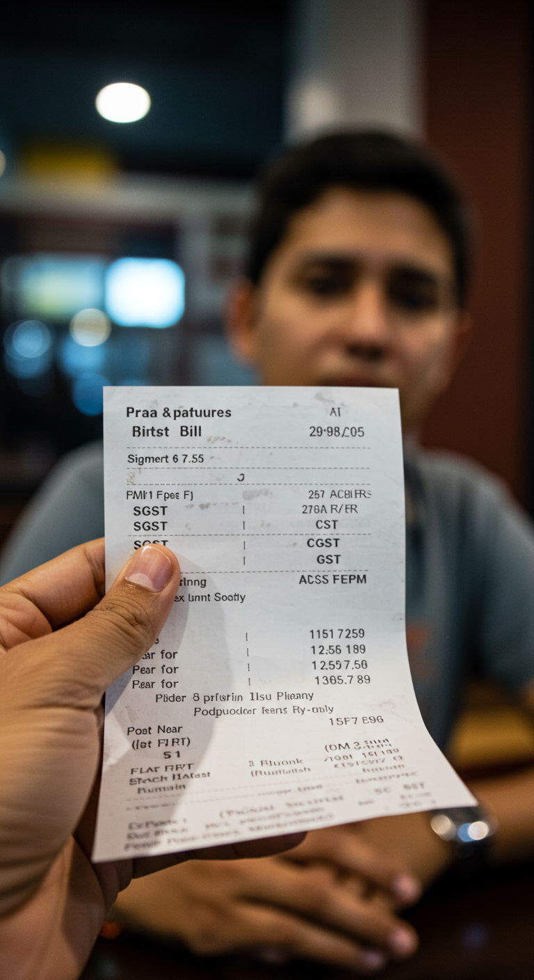 A person looking puzzled at a restaurant bill that shows tax calculations.