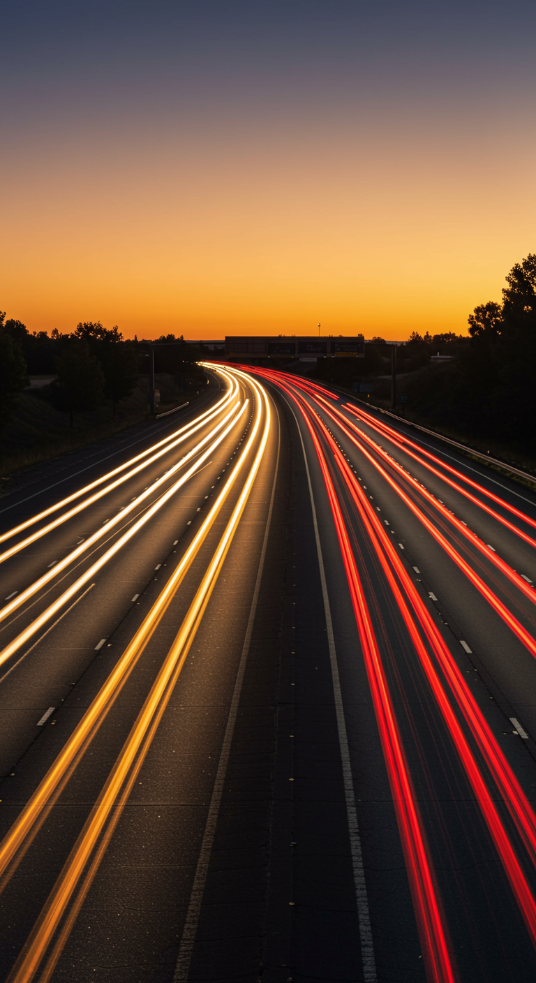 A busy highway at dawn with many semi-trucks moving, symbolizing the vast transport industry.