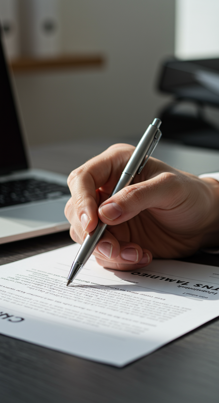 Hand holding a pen, hesitating to sign a business contract.
