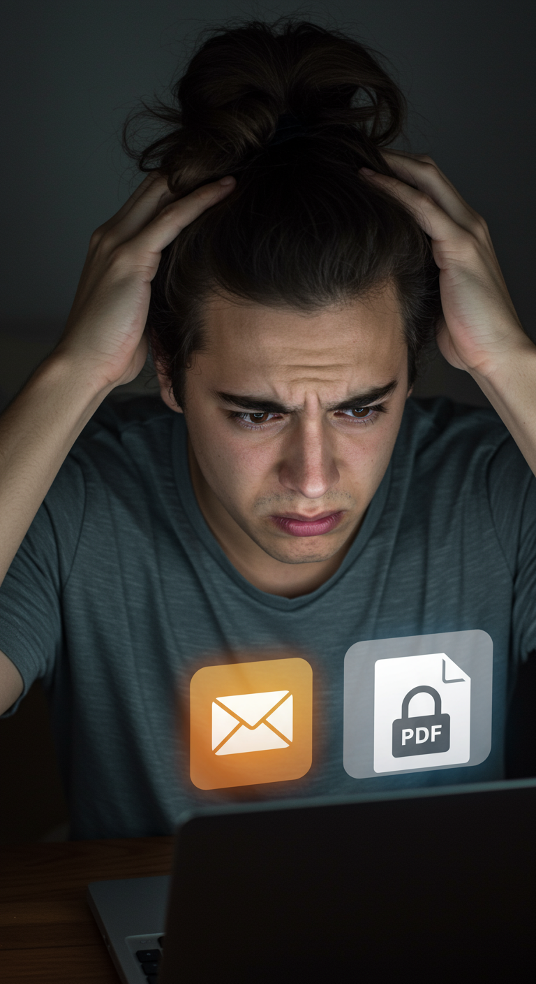 Frustrated person looking at a locked tax PDF on a laptop screen.