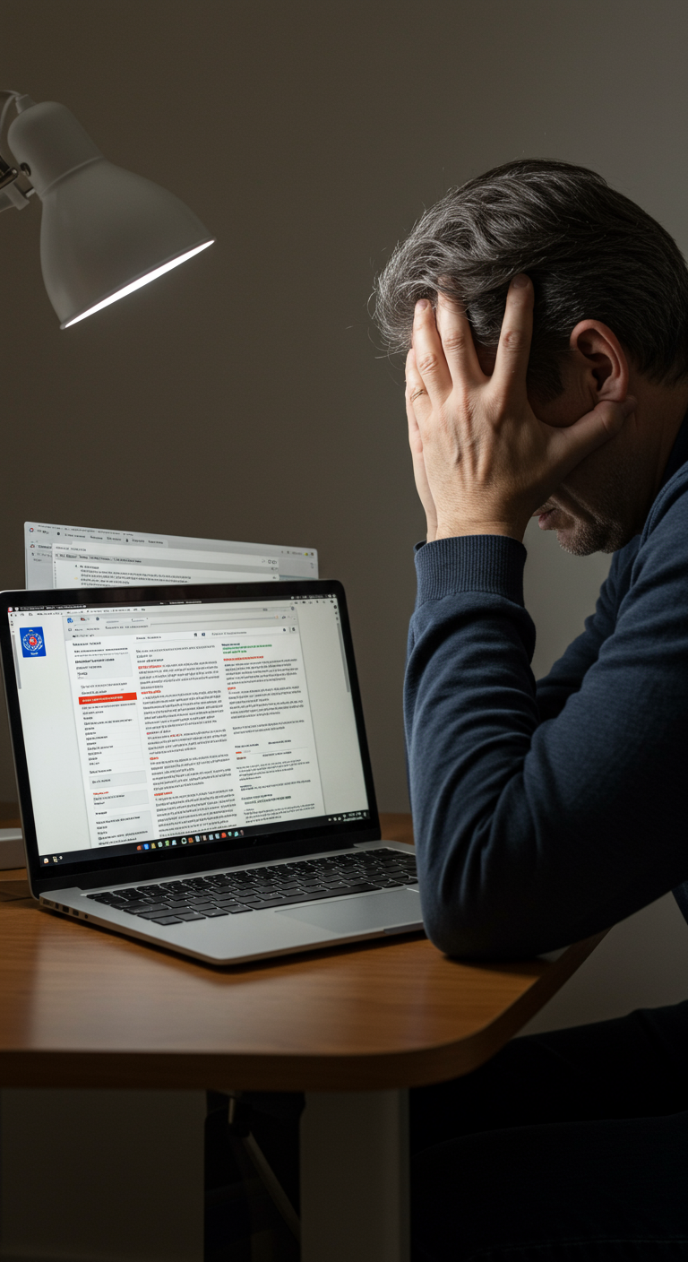 A stressed person in front of a laptop showing a confusing tax website.