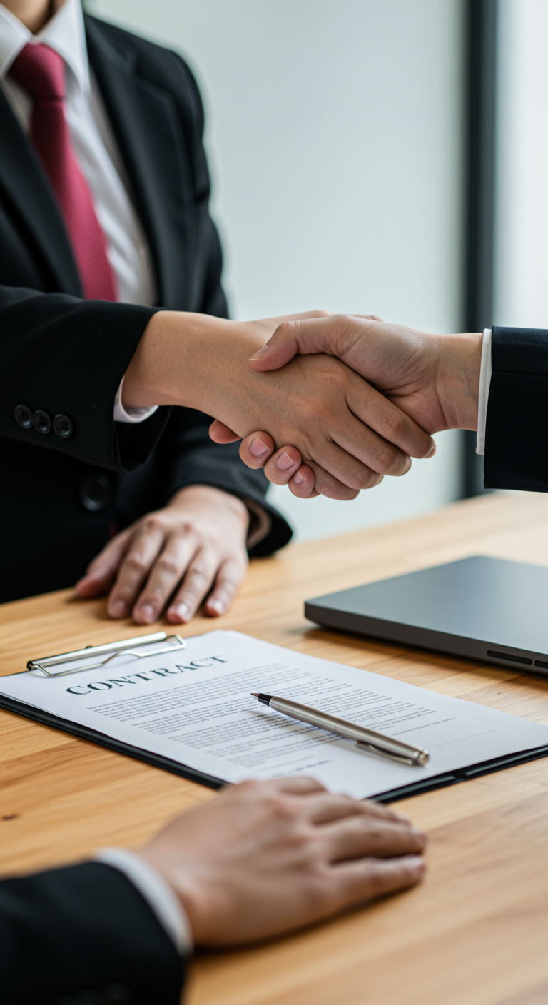 Two people shaking hands over a business contract, with one looking skeptical.