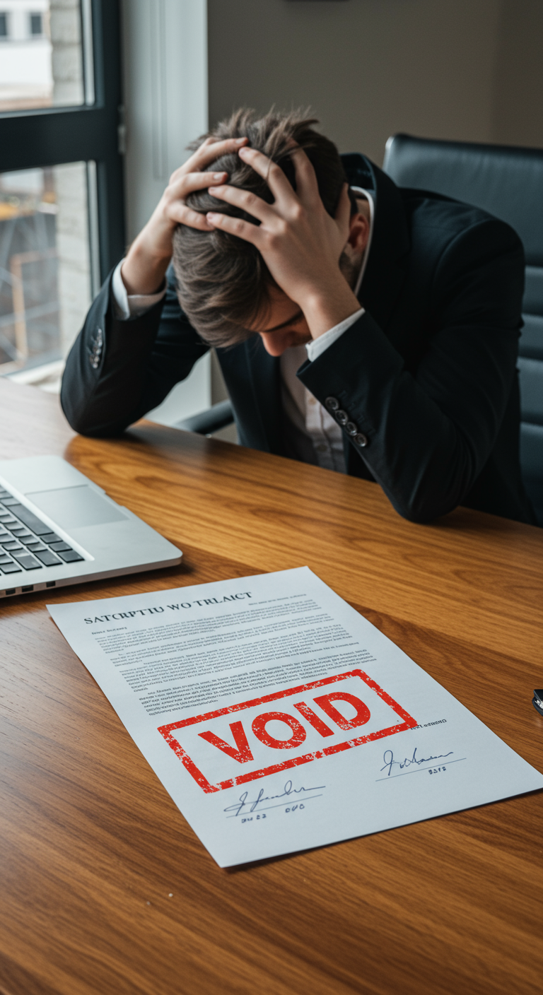 A stressed founder looking at a voided contract on their desk.